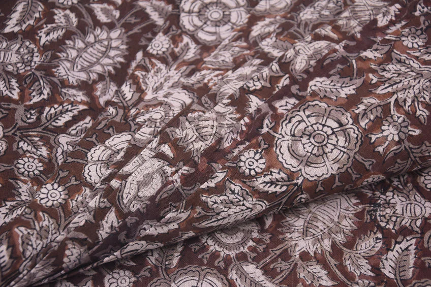 Hand Block Printed Brown Floral Boho Fabric on Pure Linen for Throws Home Decor - Anjali
