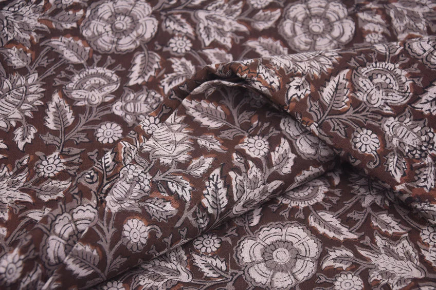 Hand Block Printed Brown Floral Boho Fabric on Pure Linen for Throws Home Decor - Anjali