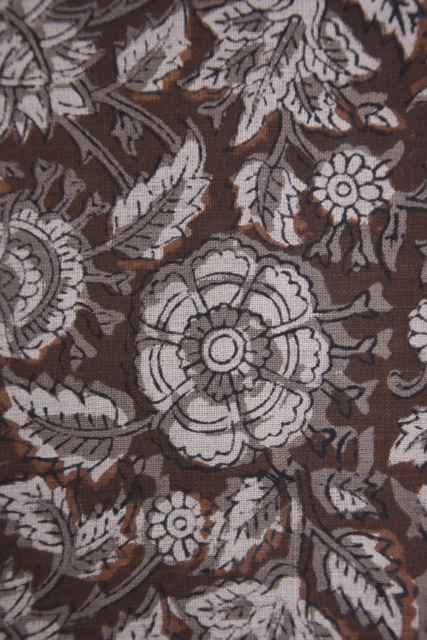 Hand Block Printed Brown Floral Boho Fabric on Pure Linen for Throws Home Decor - Anjali