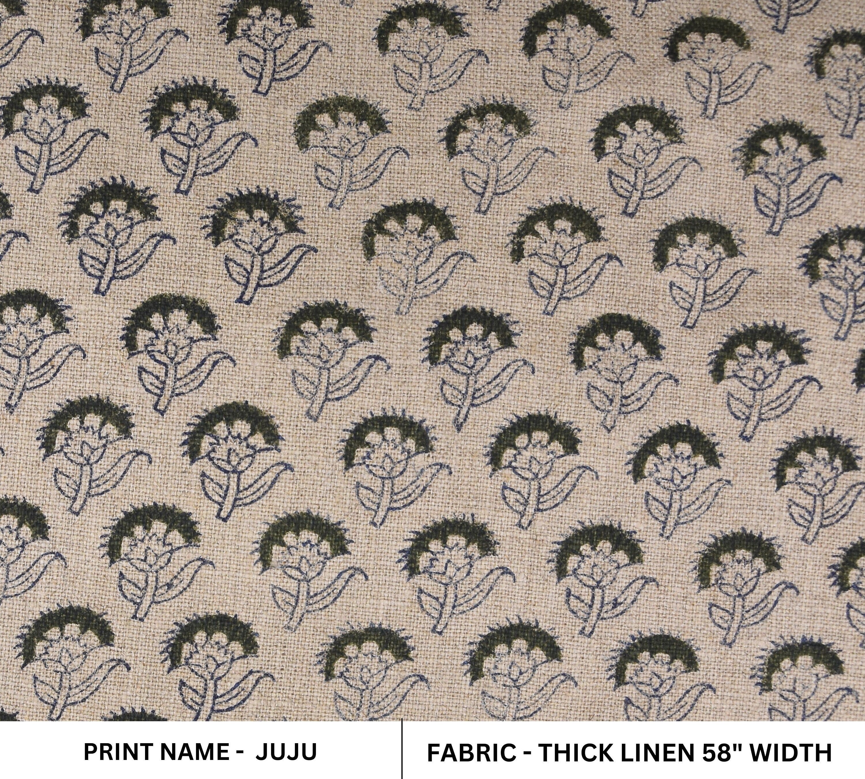 Thick Linen 58" Wide Indian hand block floral print, fabric by the yard, hand made upholstery sofa cover - JUJU FLOWER