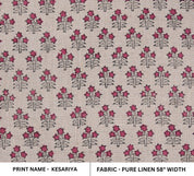 Hand Block Print, Pure Linen 58" Wide, Floral Printed, Sewing Fabric, Pillow Cushion Cover, Upholstery Linen - KESARIYA