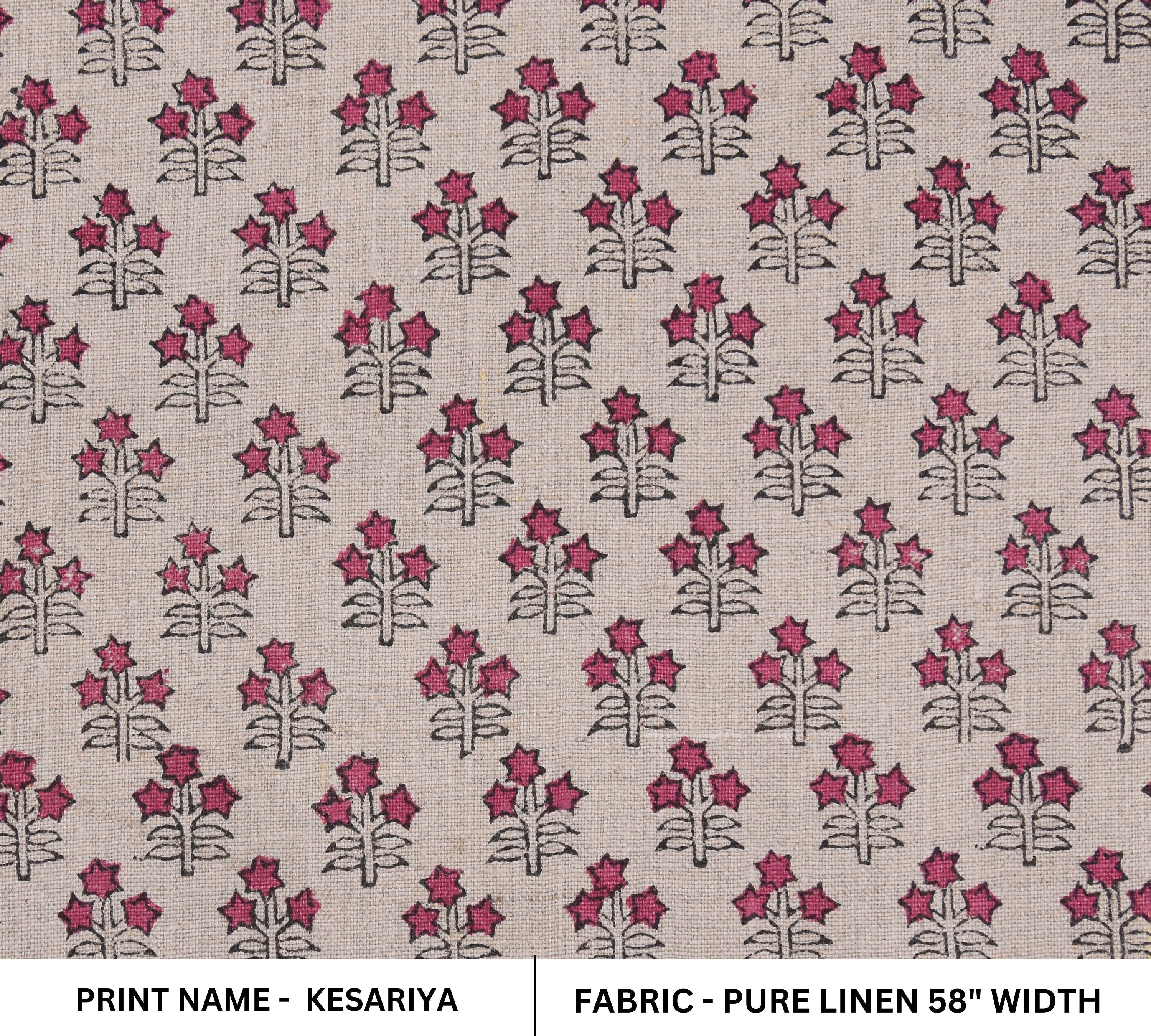 Hand Block Print, Pure Linen 58" Wide, Floral Printed, Sewing Fabric, Pillow Cushion Cover, Upholstery Linen - KESARIYA