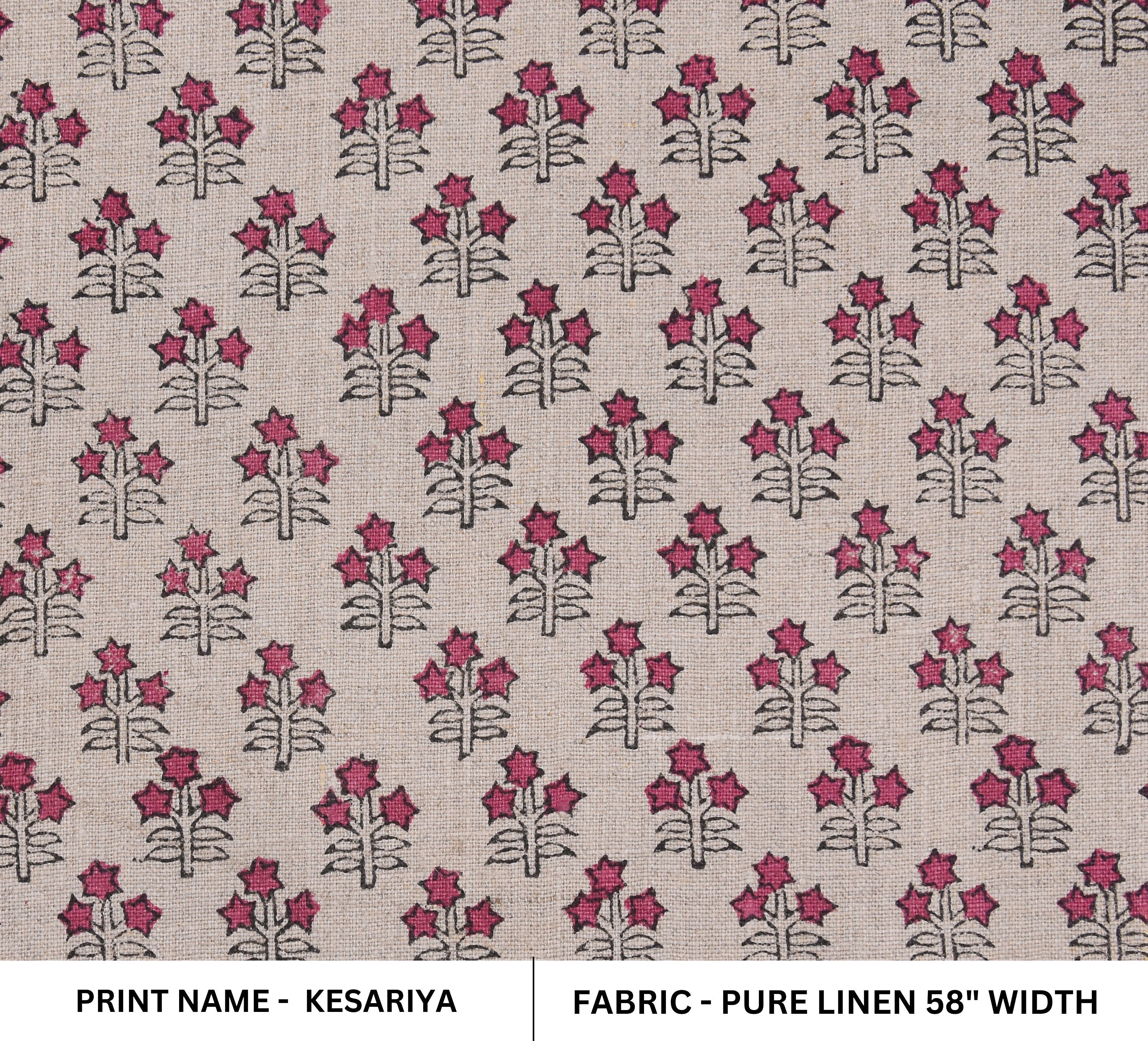 Hand Block Print, Pure Linen 58" Wide, Floral Printed, Sewing Fabric, Pillow Cushion Cover, Upholstery Linen - KESARIYA