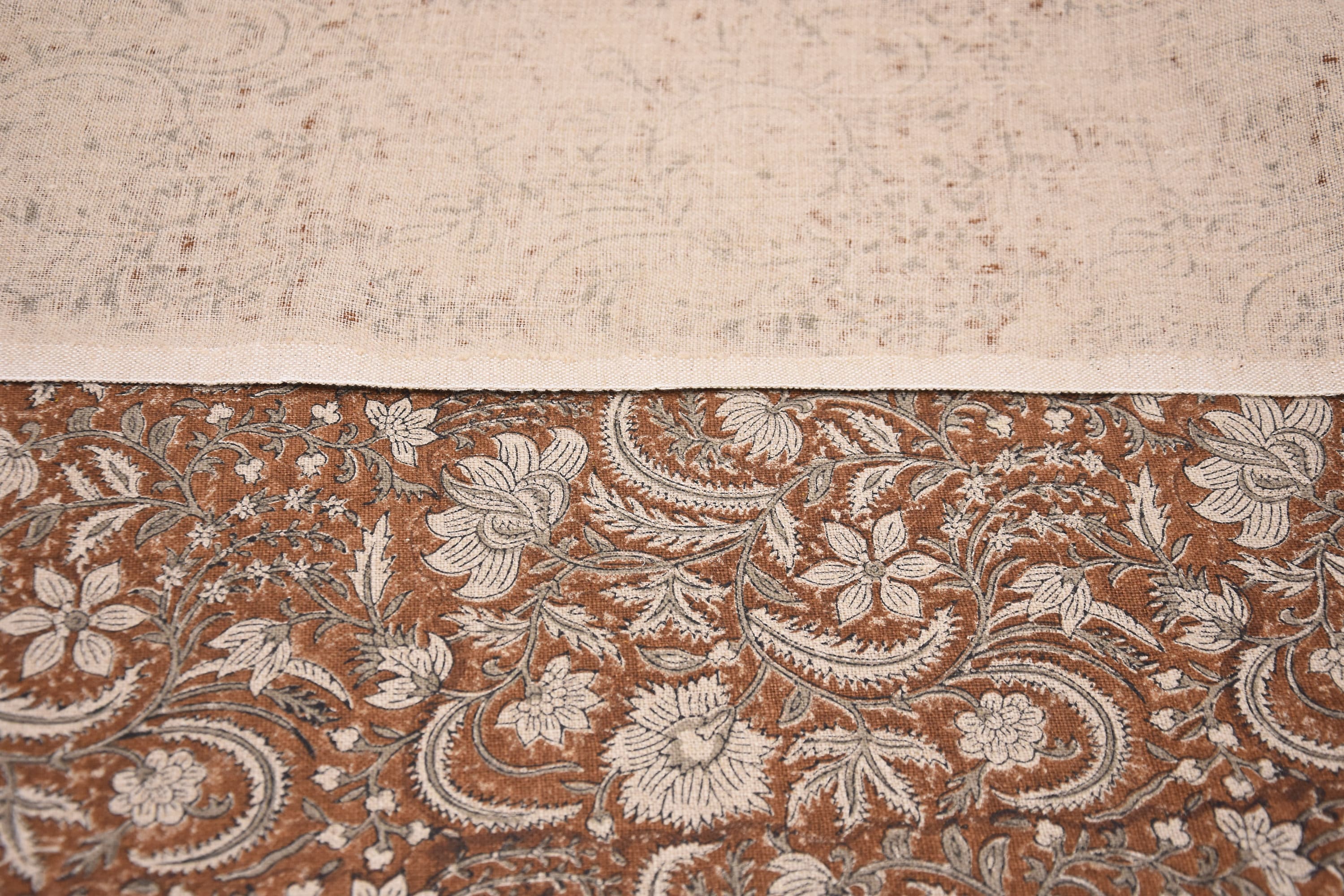 Thick Linen 58" Wide, Handmade Natural Fabric Brown Floral Print, Farmhouse Decorative Pillows and Table Cloth - KUNDANVAN