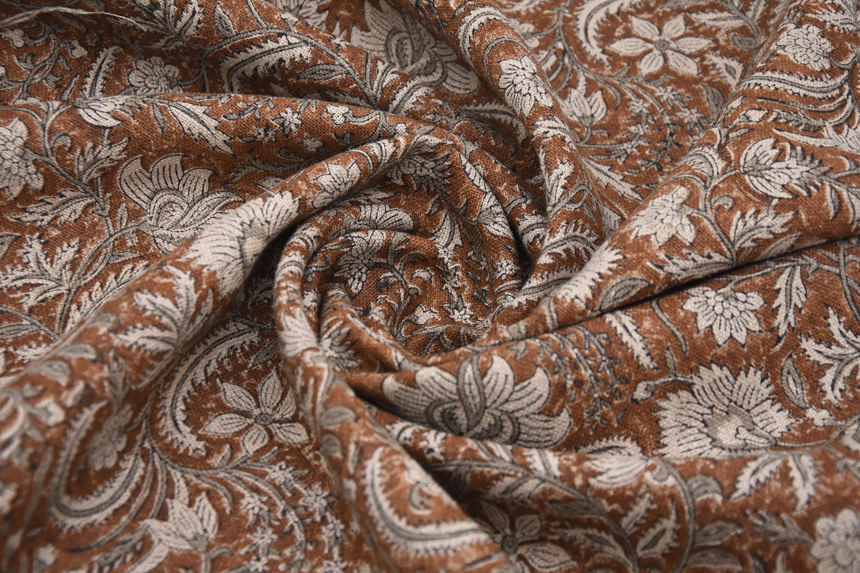 Thick Linen 58" Wide, Handmade Natural Fabric Brown Floral Print, Farmhouse Decorative Pillows and Table Cloth - KUNDANVAN