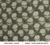 Handmade Throw Boho Green Floral Block Printed In Thick Linen Fabric - Rohini
