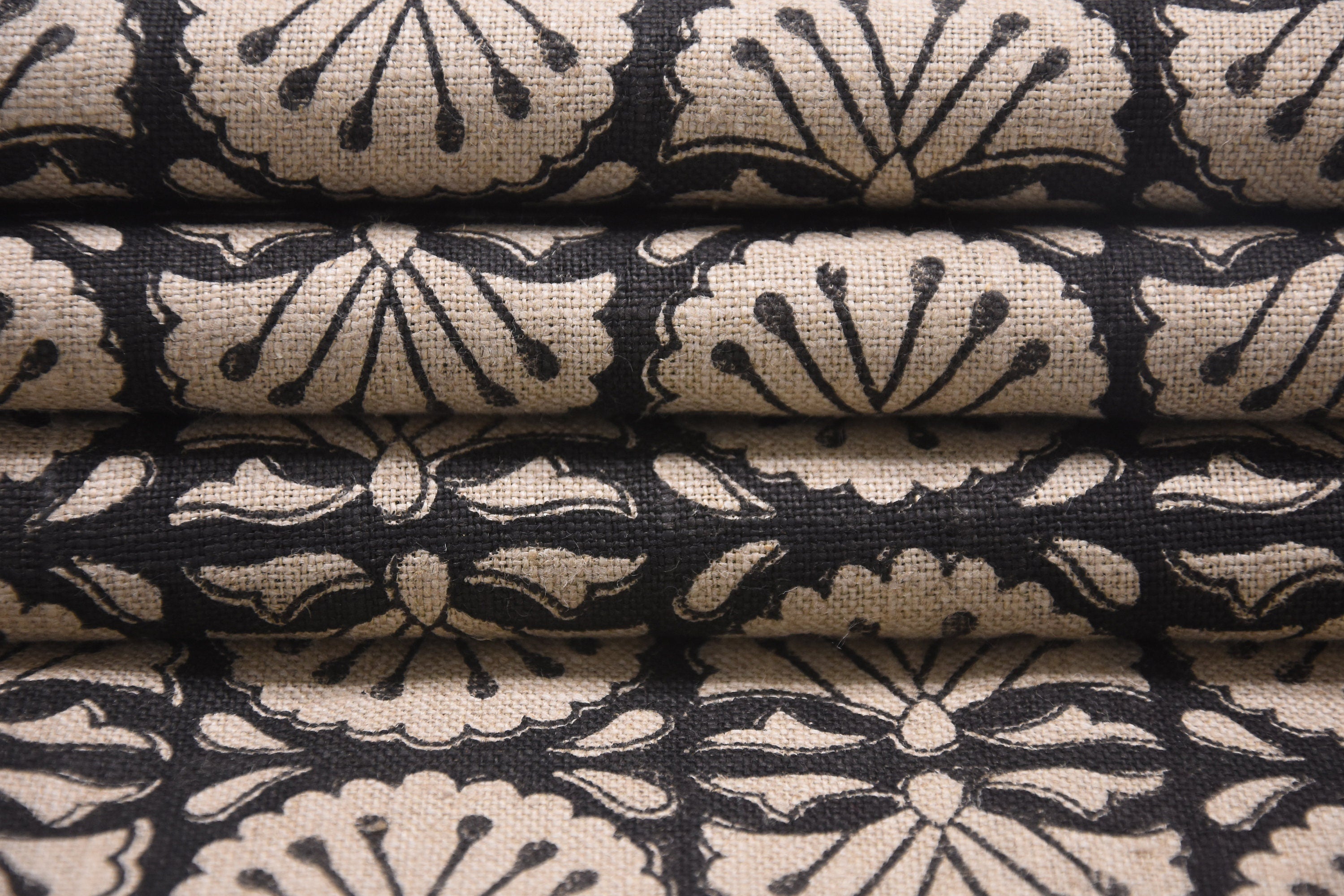 Thick linen 58" Wide, Black Floral Hand block Linen Pillow Cover, Indian Upholstery Fabric Cushion Cover, Table Cloth - BIJHNI
