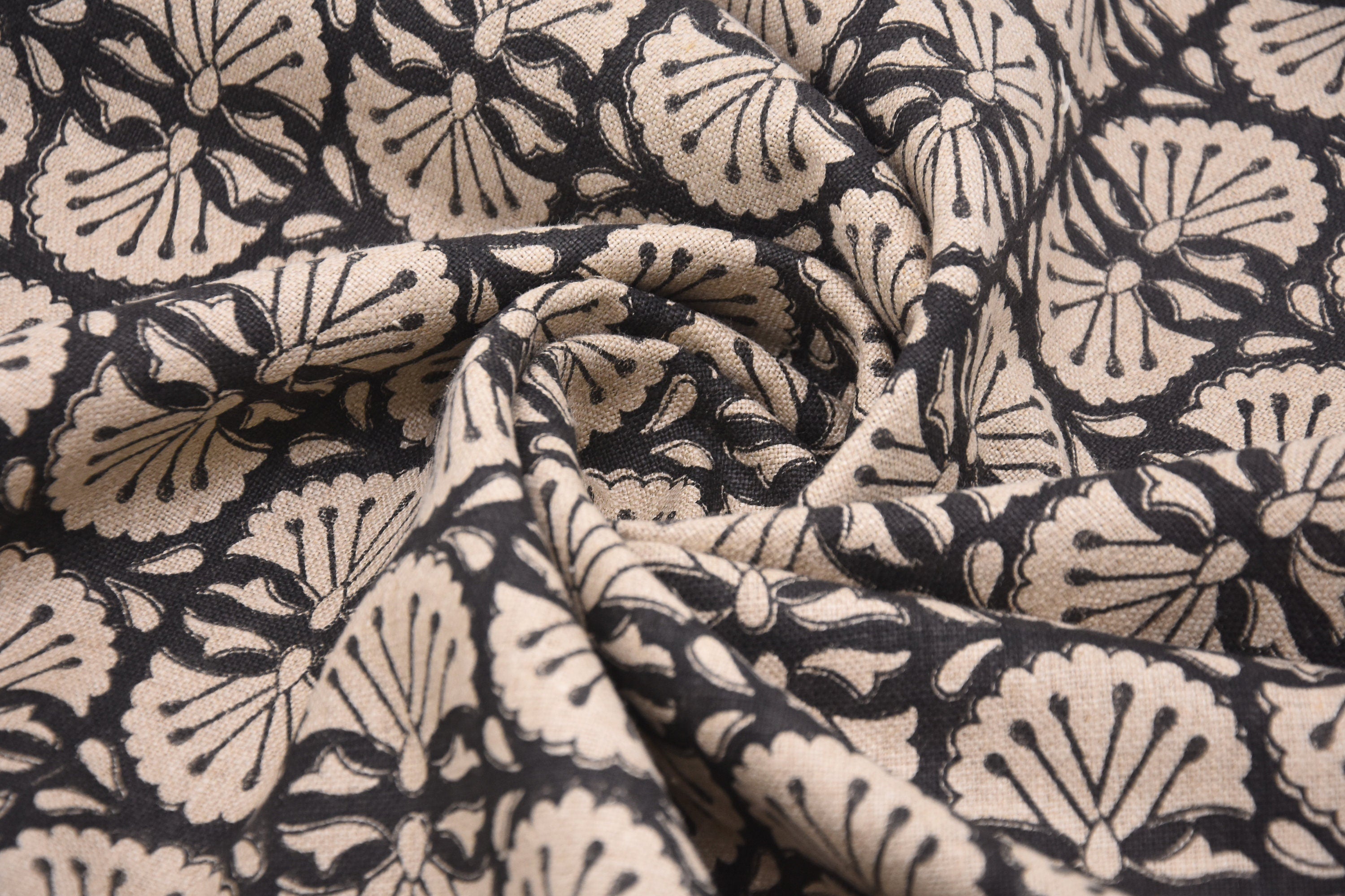 Thick linen 58" Wide, Black Floral Hand block Linen Pillow Cover, Indian Upholstery Fabric Cushion Cover, Table Cloth - BIJHNI