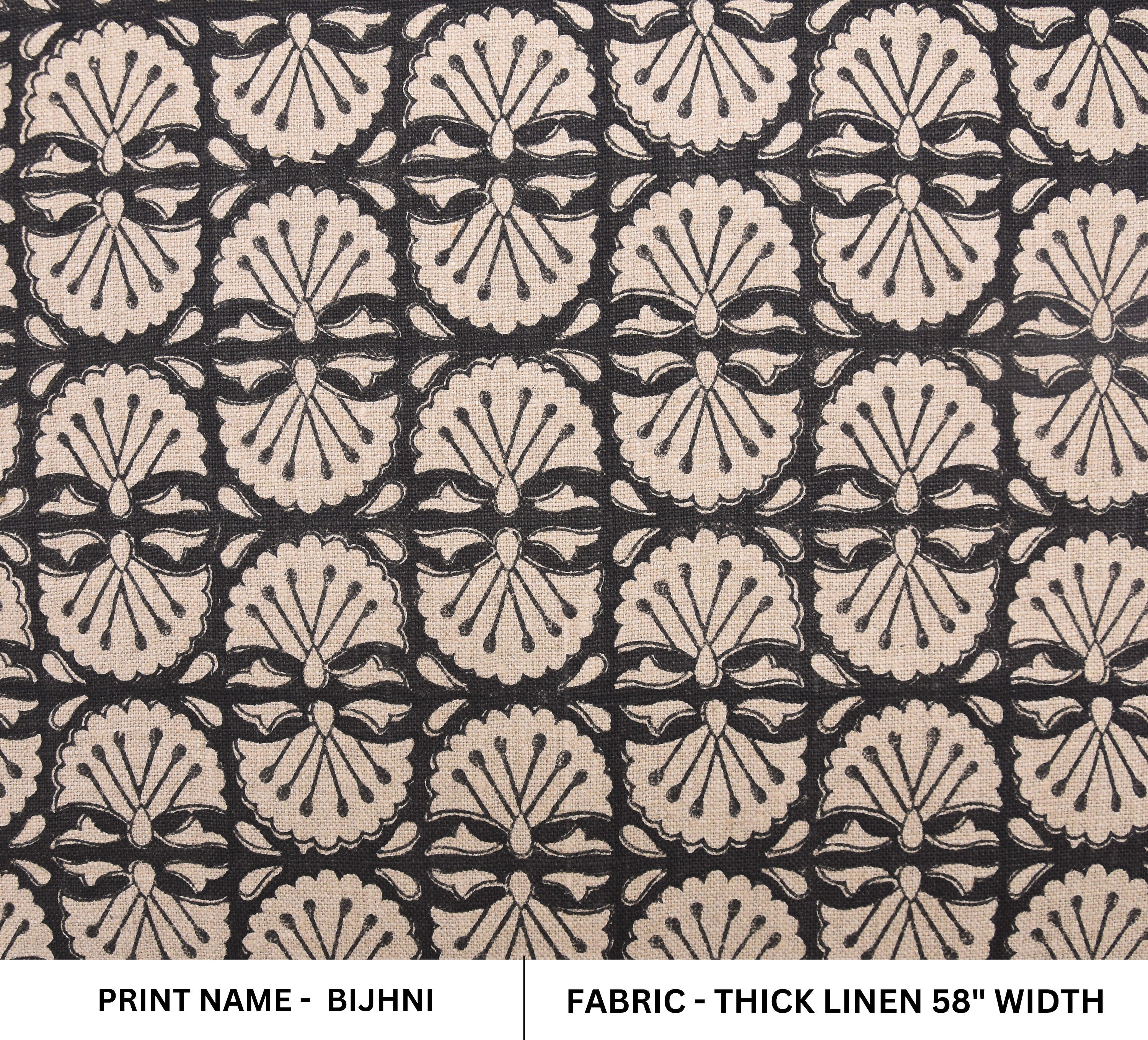 Thick linen 58" Wide, Black Floral Hand block Linen Pillow Cover, Indian Upholstery Fabric Cushion Cover, Table Cloth - BIJHNI