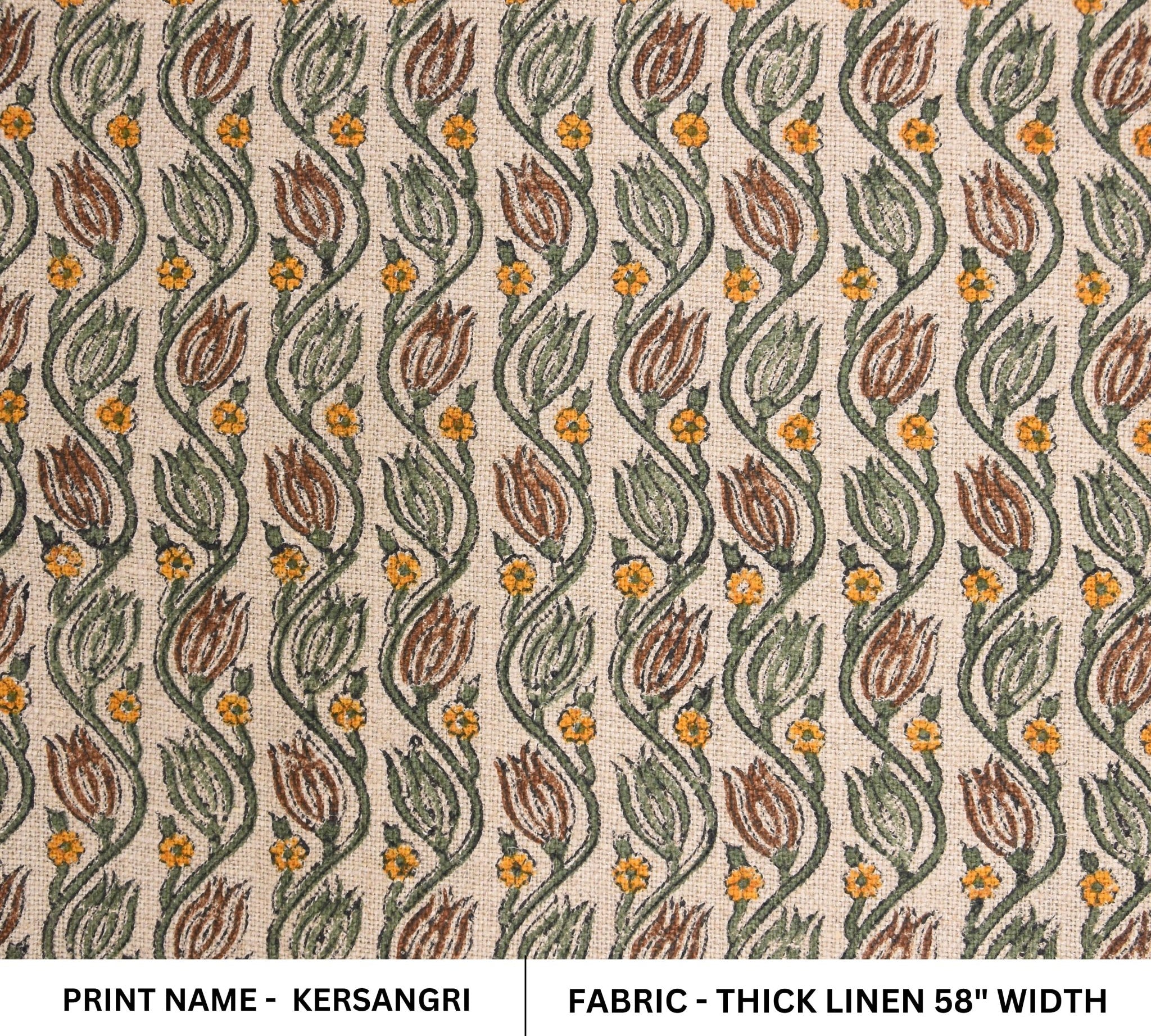 Thick Linen 58" Wide Indian hand block floral print, hand made upholstery sofa cover, multi-color Jaal printed fabric - KERSANGRI