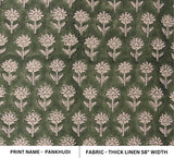 Handmade Artisan Mini Green Floral Block Printed Fabric on Heavy/Thick Linen - PANKHUDI