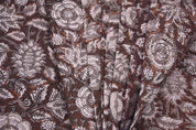 Hand Block Printed Brown Floral Boho Fabric on Pure Linen for Throws Home Decor - Anjali