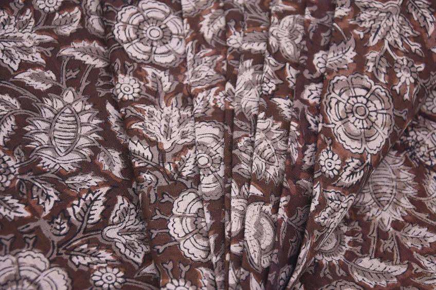 Hand Block Printed Brown Floral Boho Fabric on Pure Linen for Throws Home Decor - Anjali