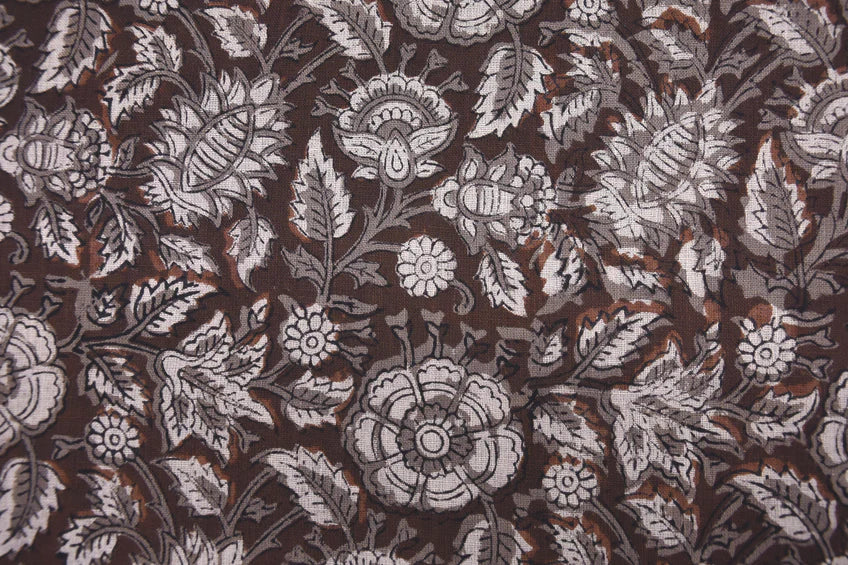 Hand Block Printed Brown Floral Boho Fabric on Pure Linen for Throws Home Decor - Anjali