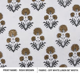 Mustard and Dark Green Floral Block Printed Off-White Linen Throw Boho Premium Fabric - RISHI
