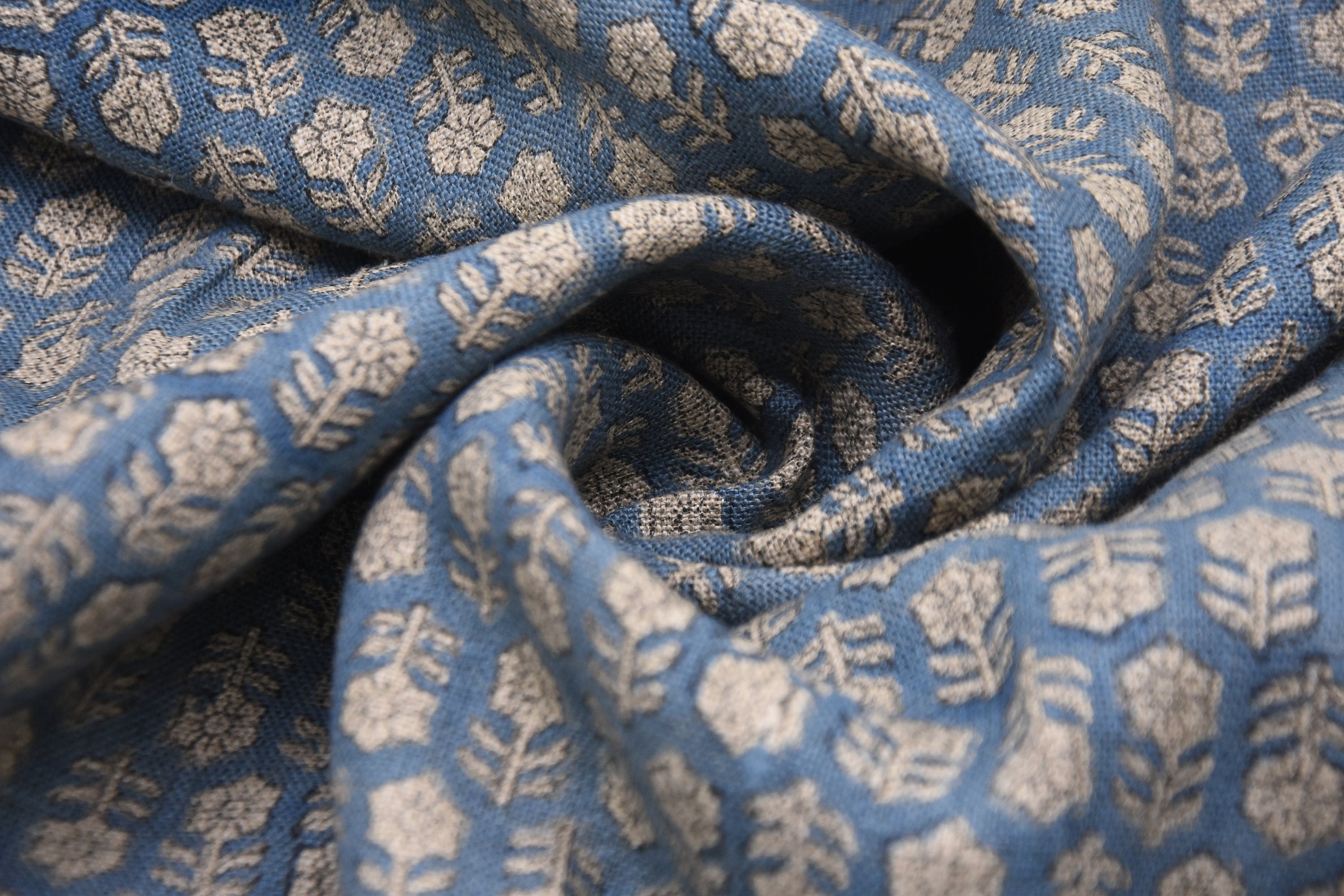 Block Print Thick Linen 58" Wide, handblock floral curtains, Indian fabric Cushion Cover, Blue color linen - Tusli Butti