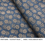 Block Print Thick Linen 58" Wide, handblock floral curtains, Indian fabric Cushion Cover, Blue color linen - Tusli Butti