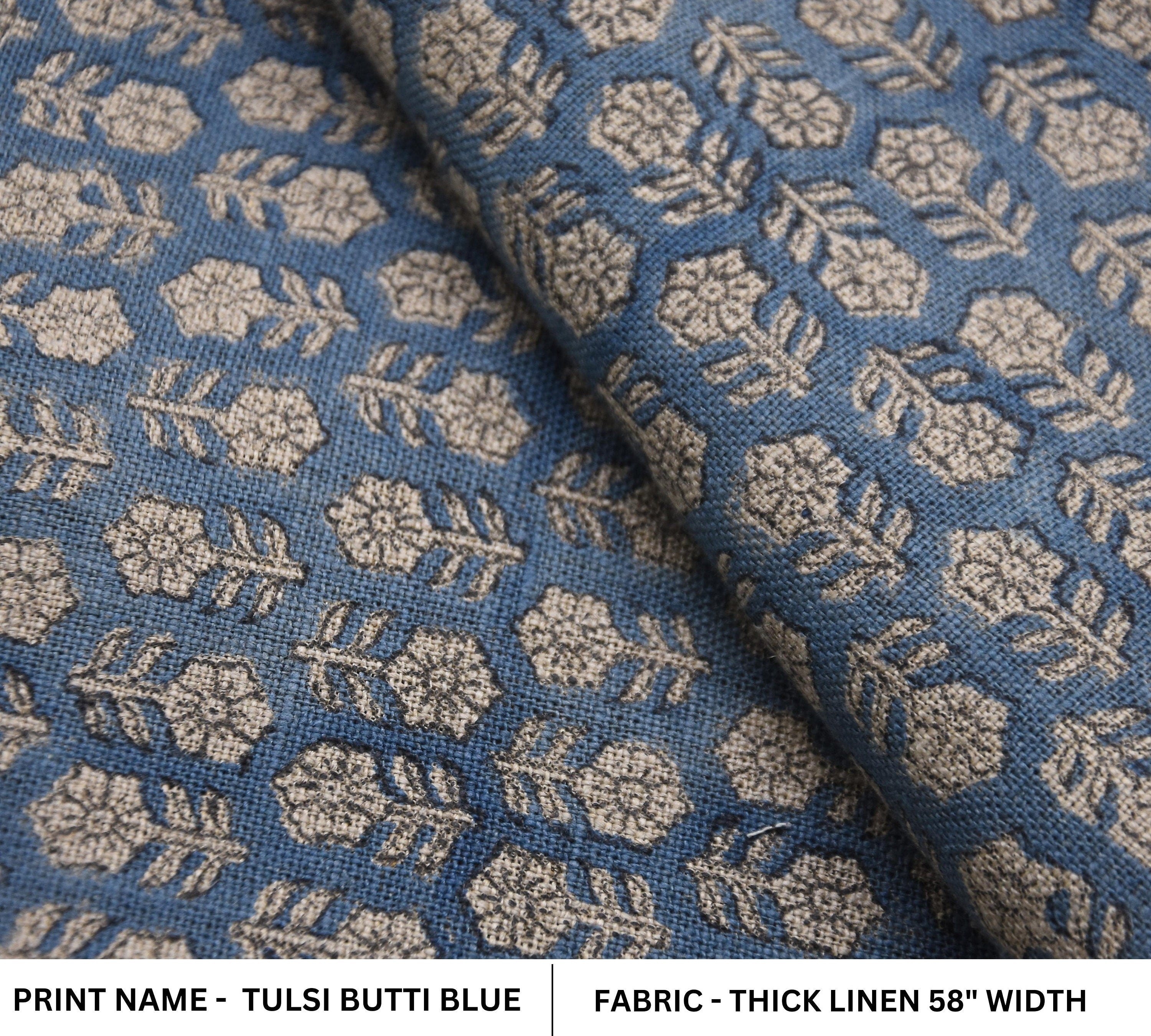 Block Print Thick Linen 58" Wide, handblock floral curtains, Indian fabric Cushion Cover, Blue color linen - Tusli Butti