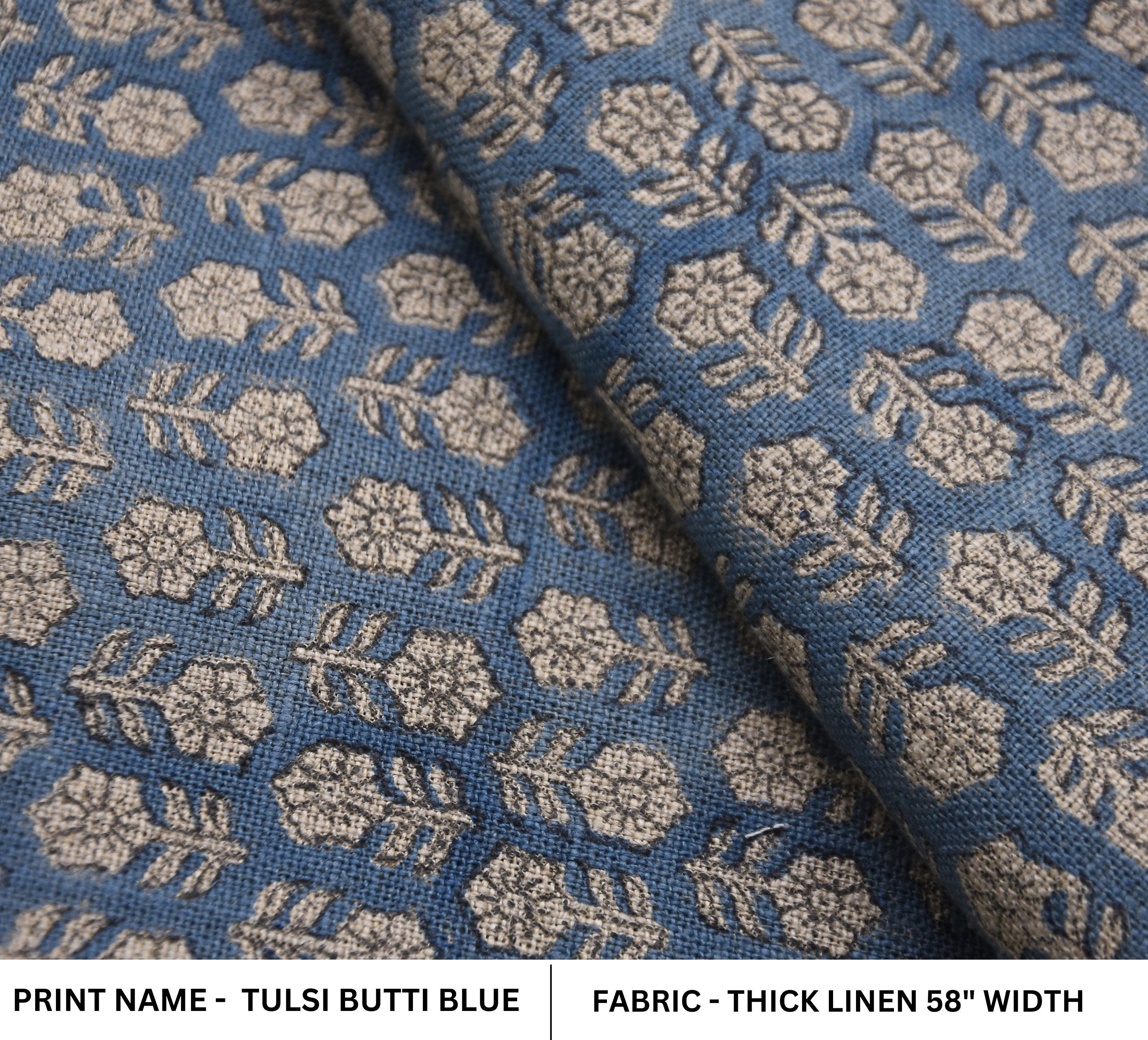 Block Print Thick Linen 58" Wide, handblock floral curtains, Indian fabric Cushion Cover, Blue color linen - Tusli Butti
