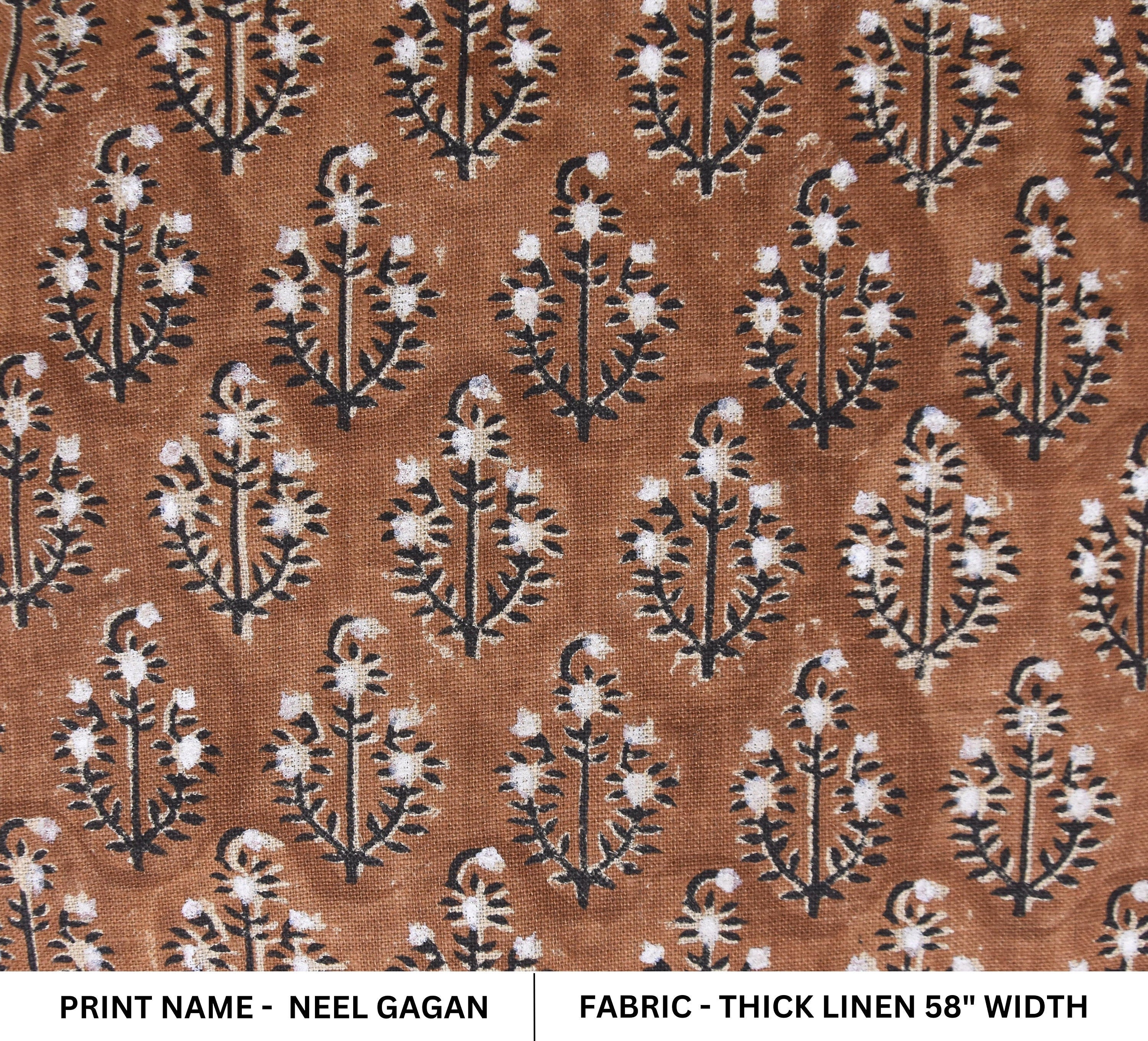 Block print Thick linen 58" wide, Indian fabric, floral print pillow cover, table cloth, handloom curtains, linen by yards - NEEL GAGAN