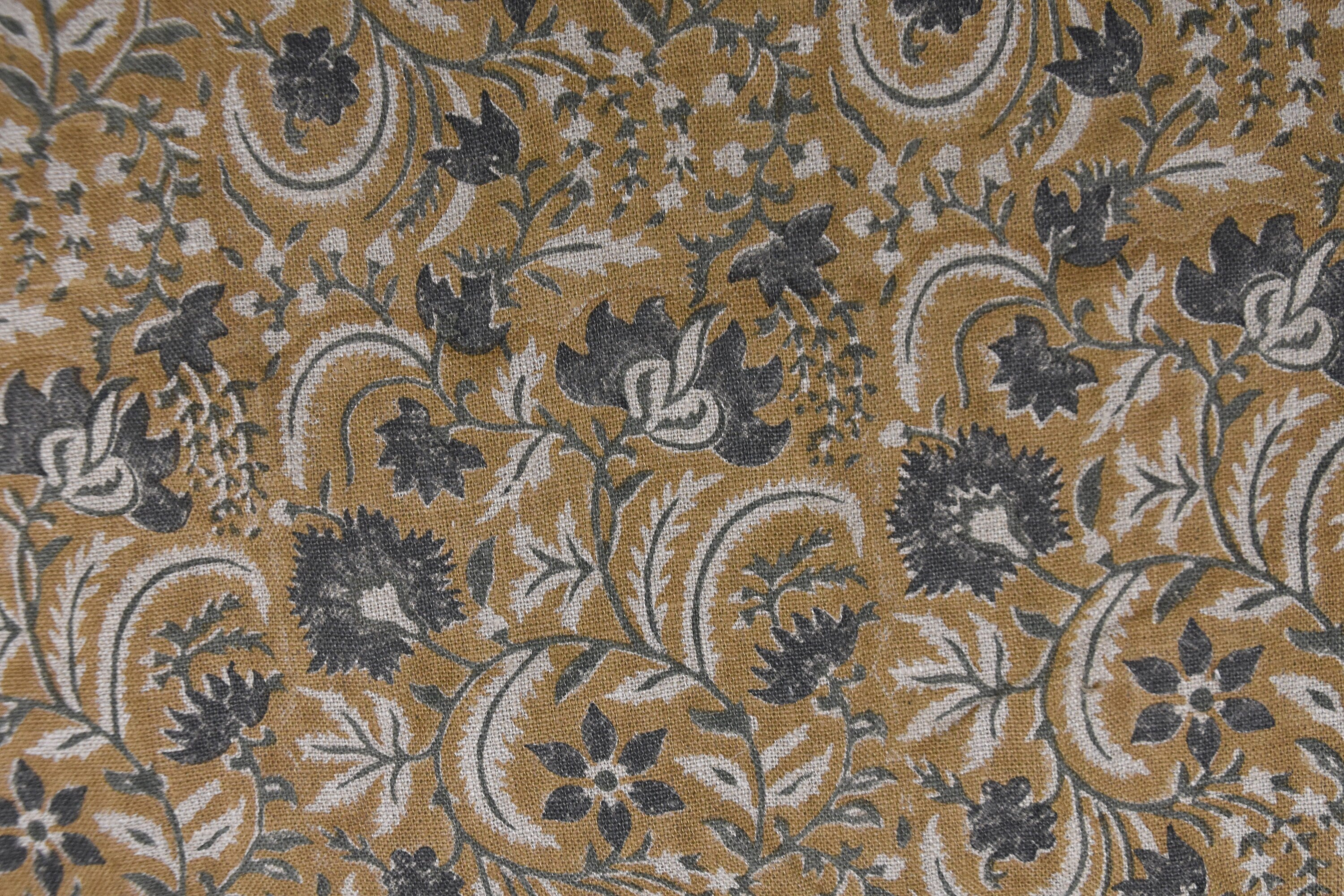 Hand block floral print, Thick linen 58" wide, linen fabric for pillows and cushions covers, handmade art, upholstery curtains - KUNDANVAN BROWN