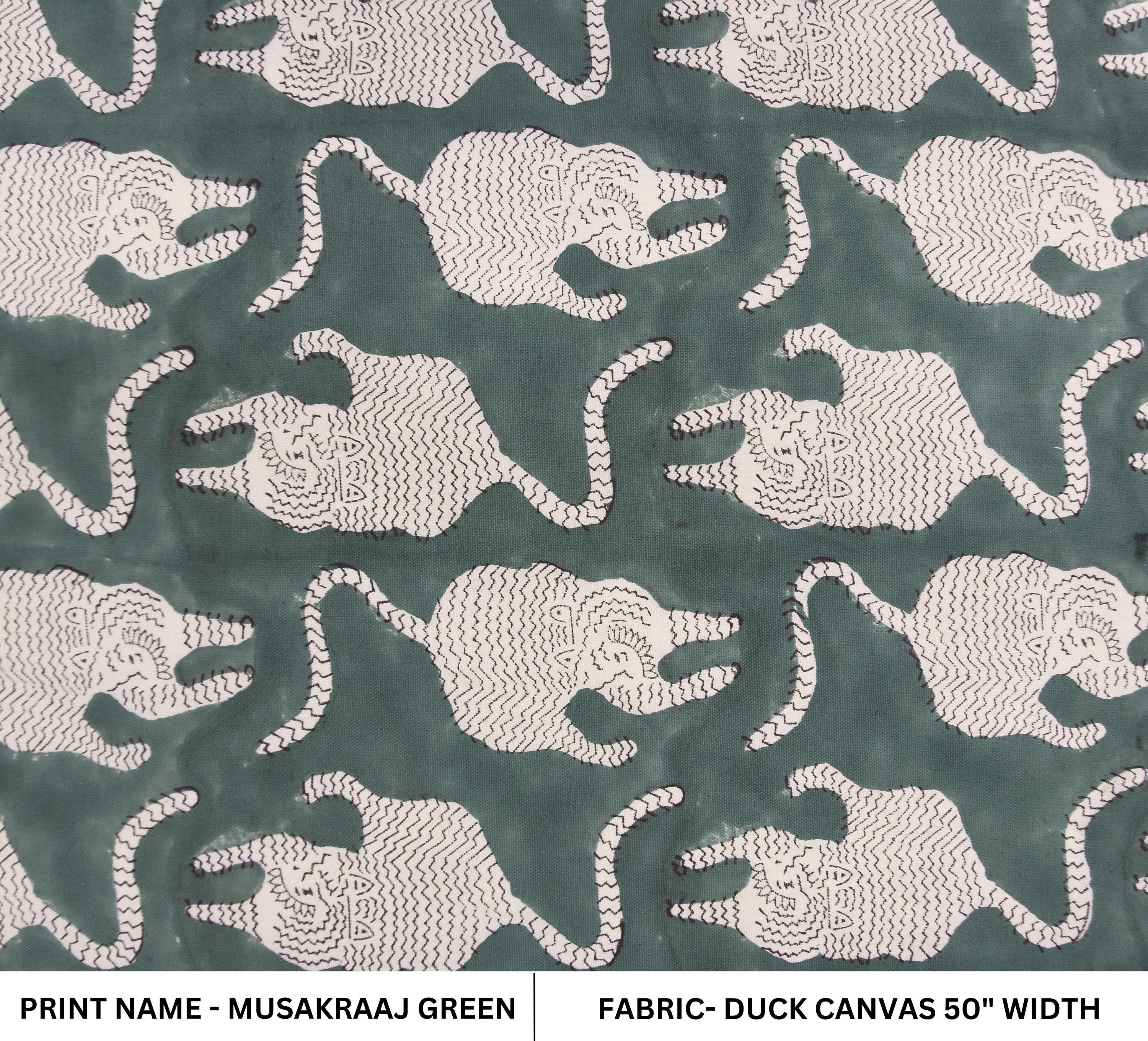 Duck Canvas 50" wide, handmade block print fabric, Cushion cover, block print green, pillow cover, Hand block fabric - MUSHKRAAJ