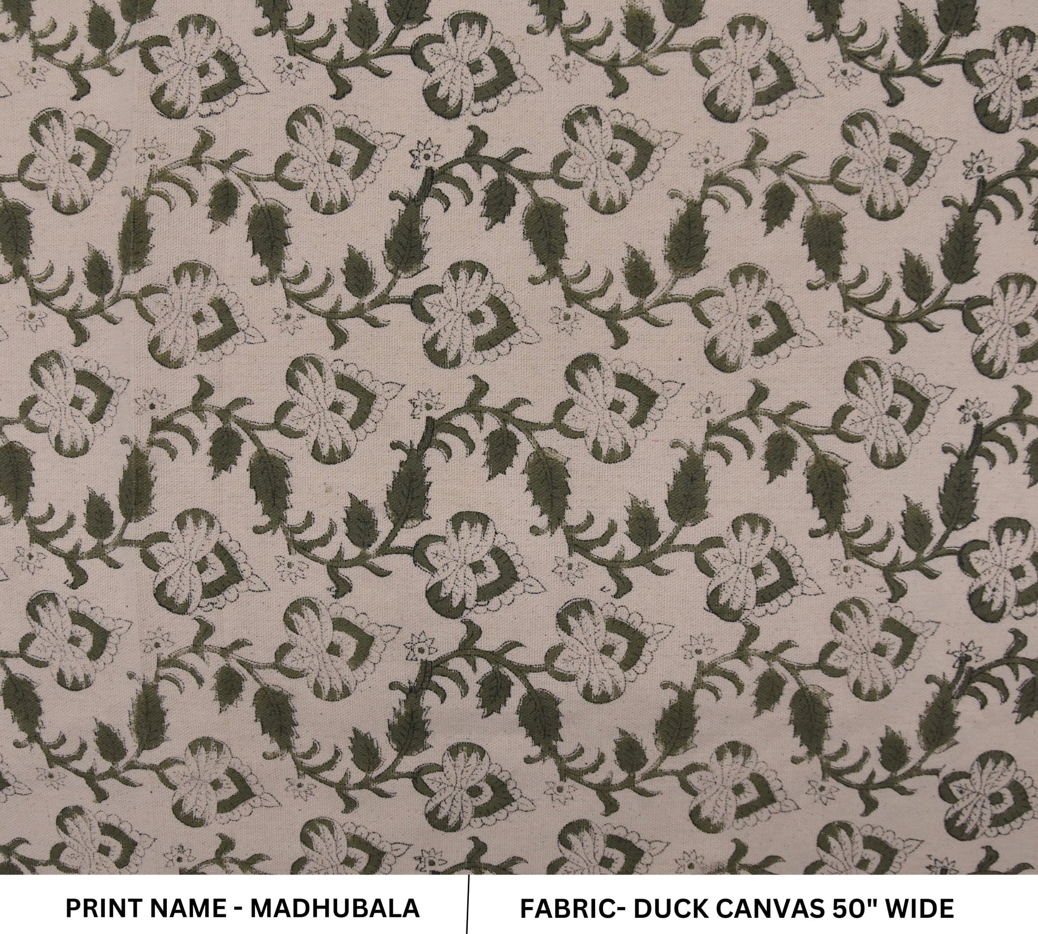 Block Print Duck Canvas 50" Wide - Handmade Indian Cushion Cover Decorative Curtain and Tablecloth with Floral Print Block - MADHUBALA