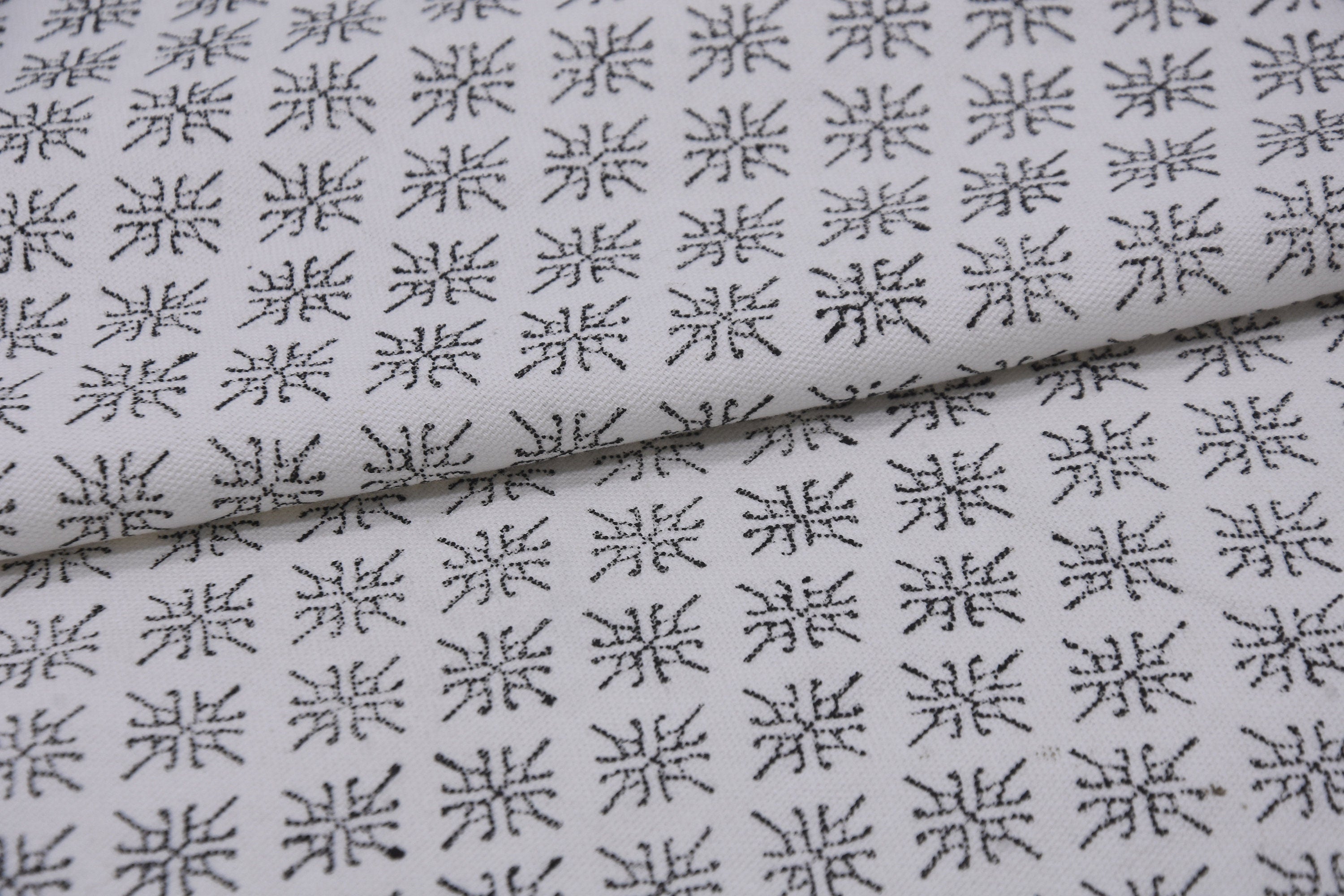 Hand Block Thick Cotton White 63" Wide Sofa and Table Cloth with Black Design Window Curtains Handloom Pattern Boho Decor - CHINGARI