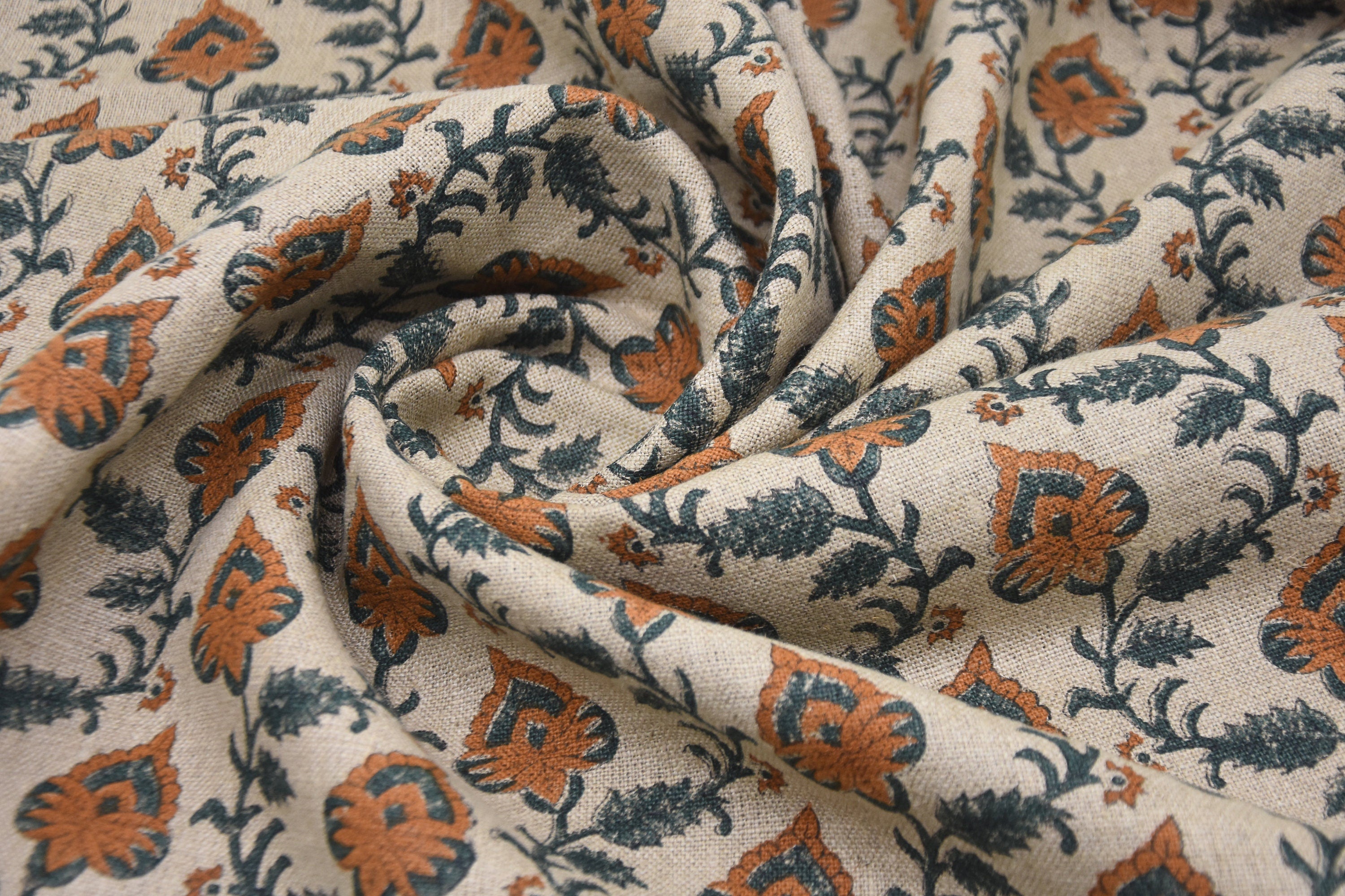 Block print thick linen 58" W fabric, table cushions, upholstery, heavy linen fabric, linen table cloth, pillow - MADHUBALA
