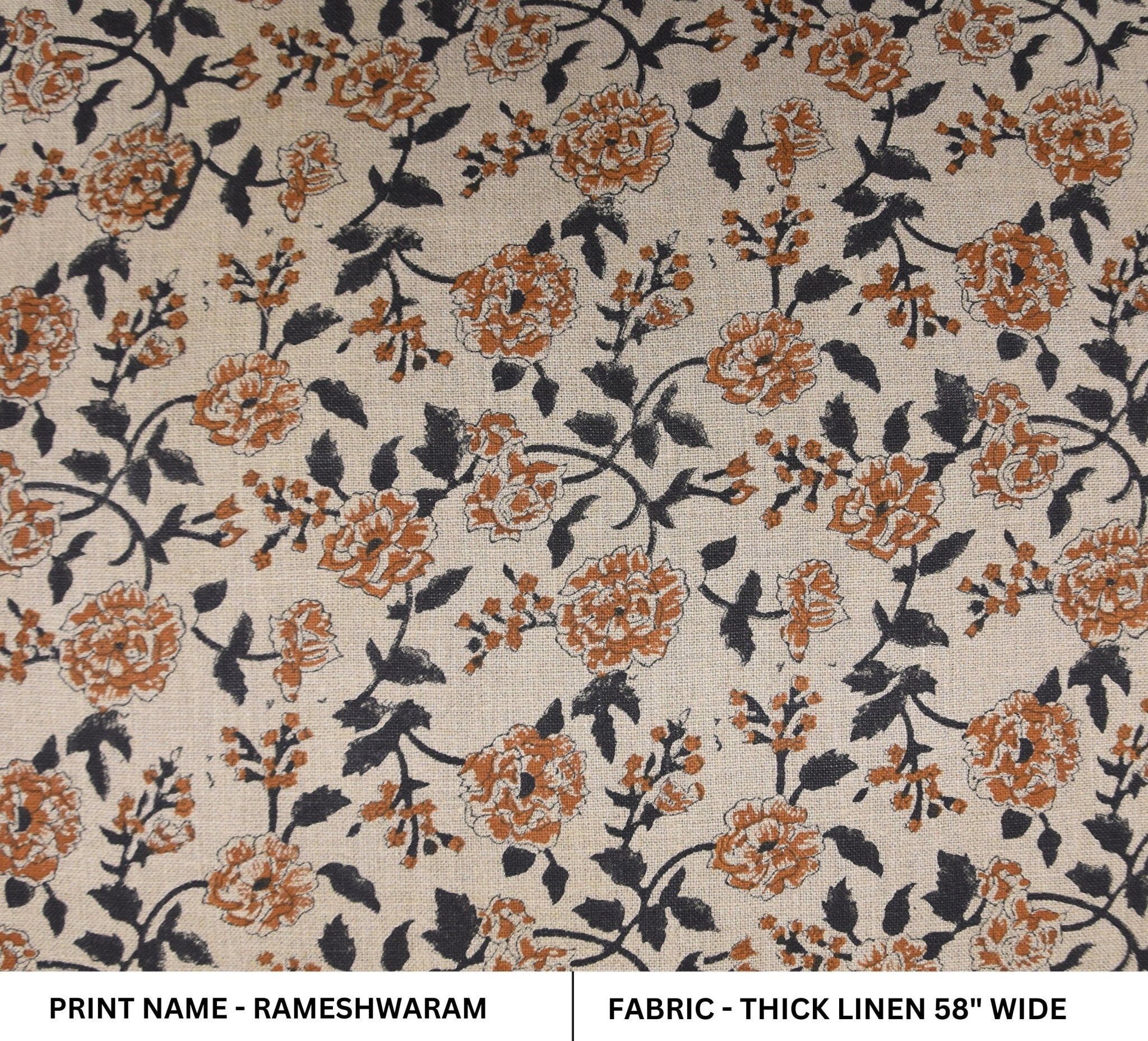 Thick linen 58" W fabric handmade art block print pillow, floral cushion covers, upholstery, curtains linen -RAMESHWARAM