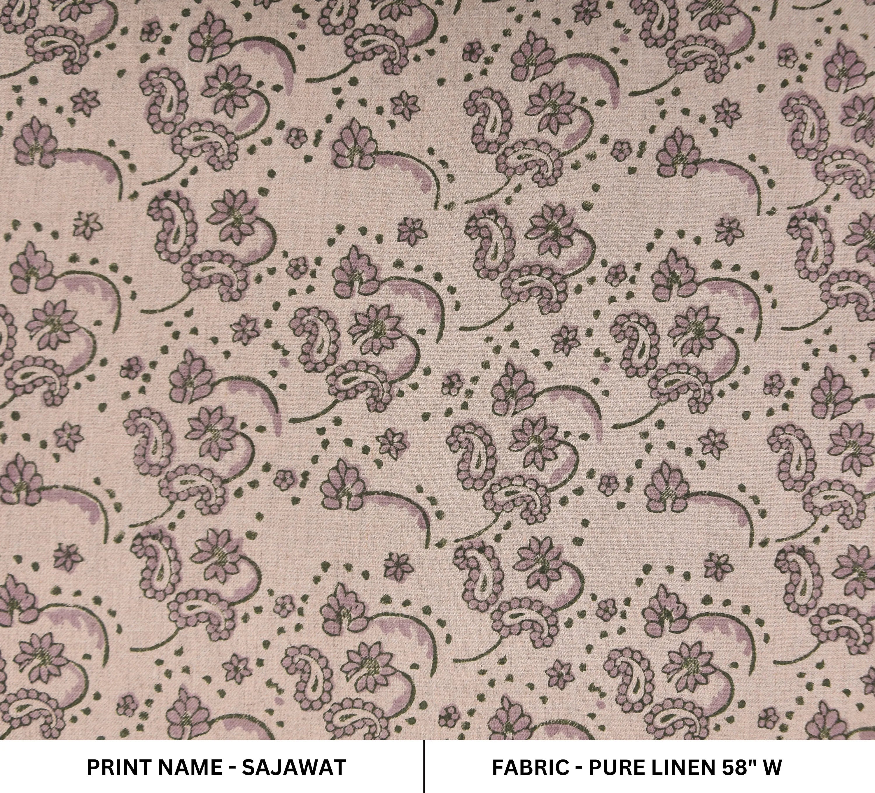 Pure linen 58" wide, block print fabric, linen fabric pillows and cushions, printed curtains, Indian hand block fabric - SAJAWAT