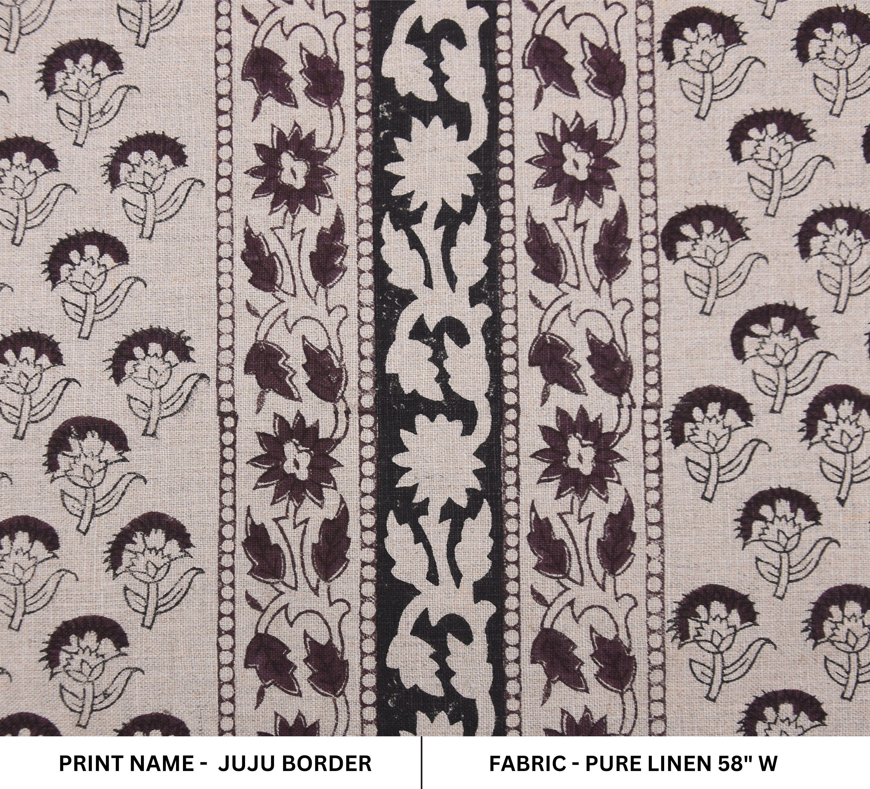 Block print fabric, linen fabric pillows and cushions, pure linen 58" wide, printed curtains, Indian block print fabric - JUJU BORDER