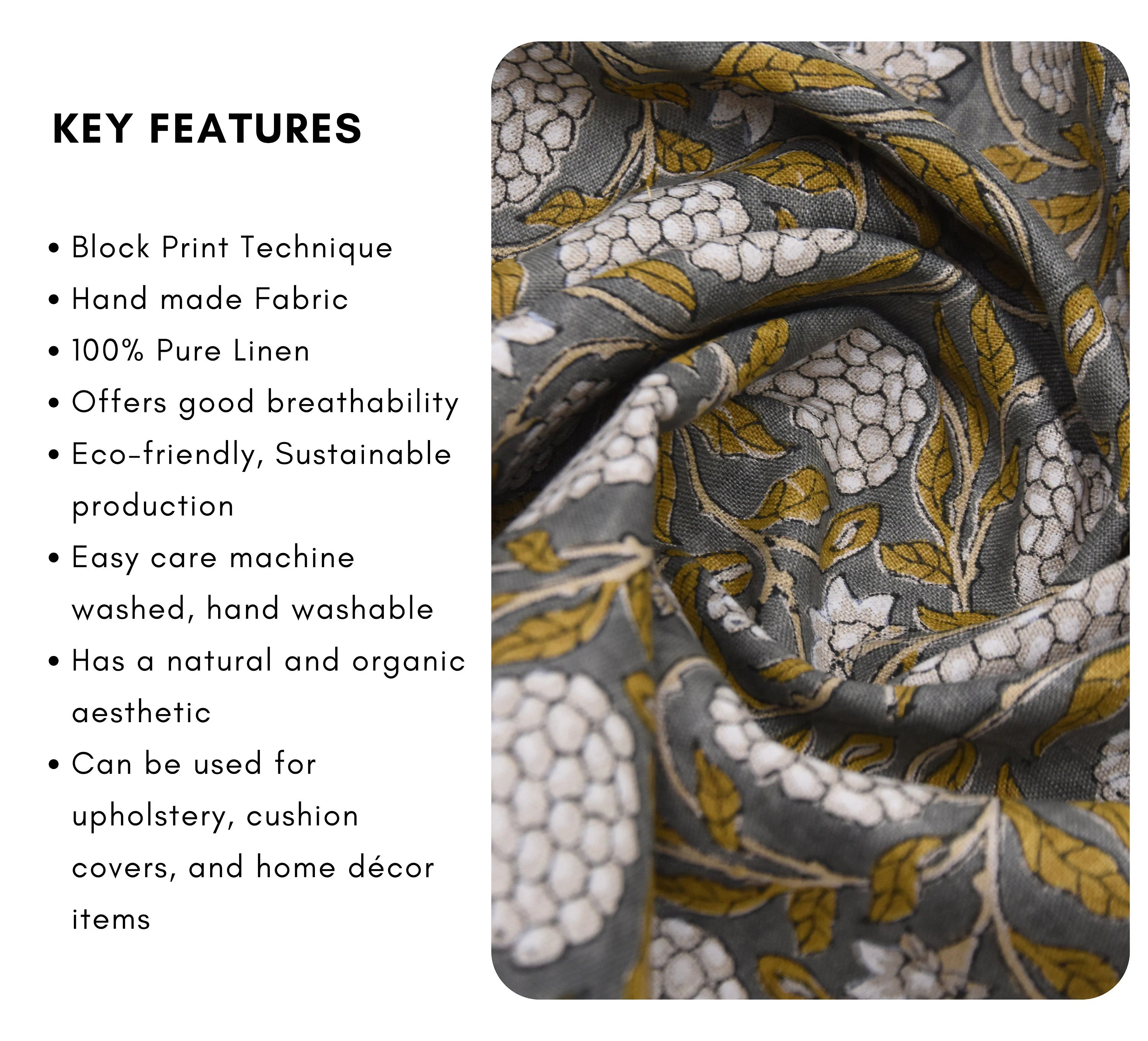 Linen window curtains, upholstery fabric for pillows, pure linen 58" wide, hand block print, handmade floral art - MERAKI