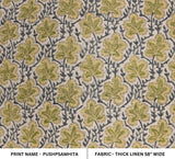 Handmade Throw Designer Hand Block Printed Green and Gray Floral Thick Linen Fabric - PUSHP SAMHITA