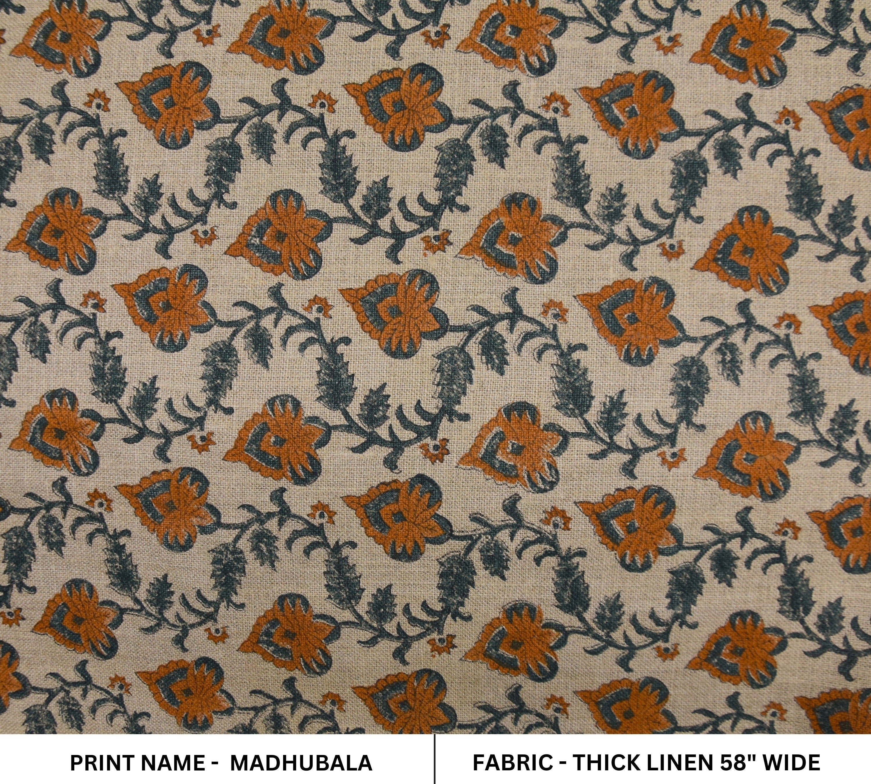 Block print thick linen 58" W fabric, table cushions, upholstery, heavy linen fabric, linen table cloth, pillow - MADHUBALA