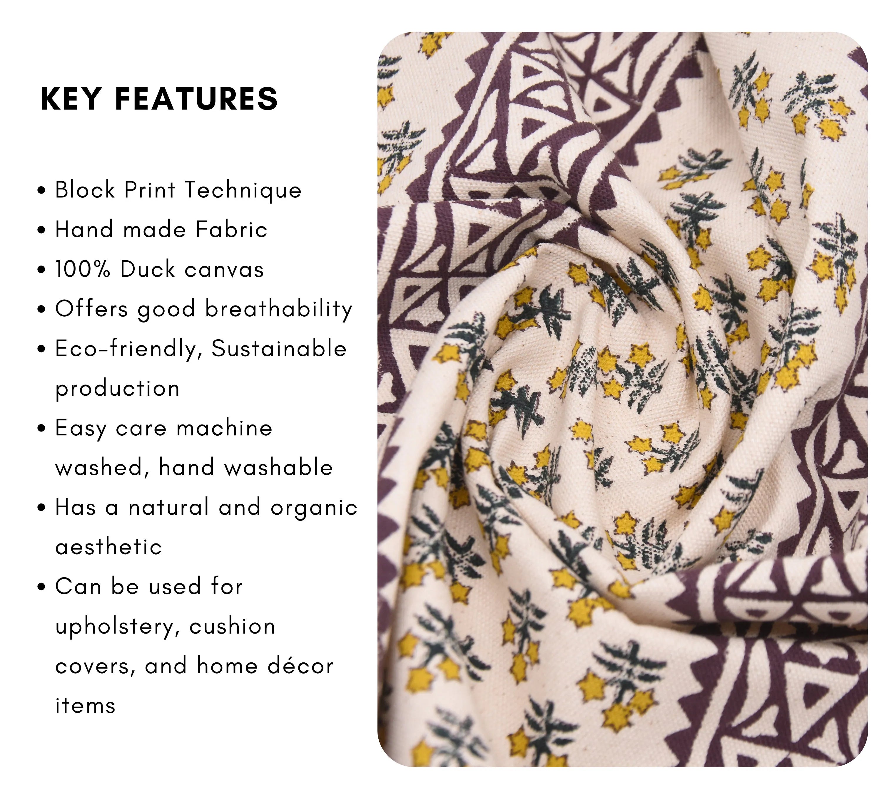 Block print duck canvas 50" wide, handmade art, cushion fabric, Indian block print, linen pillow covers - KESARIYA BORDER