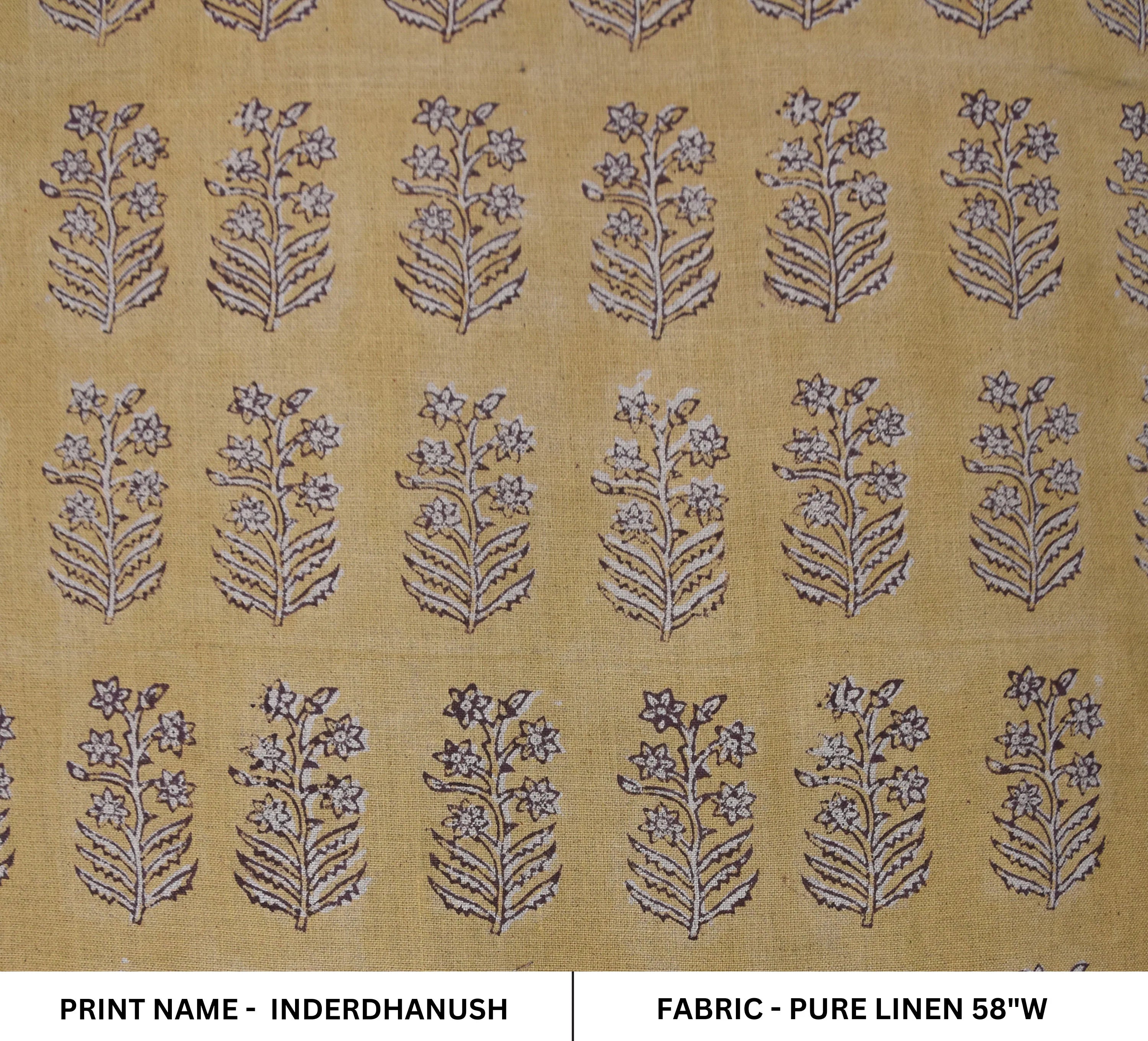 Floral hand block print, pure linen 58" wide natural fabric, linen fabric for pillows, linen window curtains - INDERDHANUSH