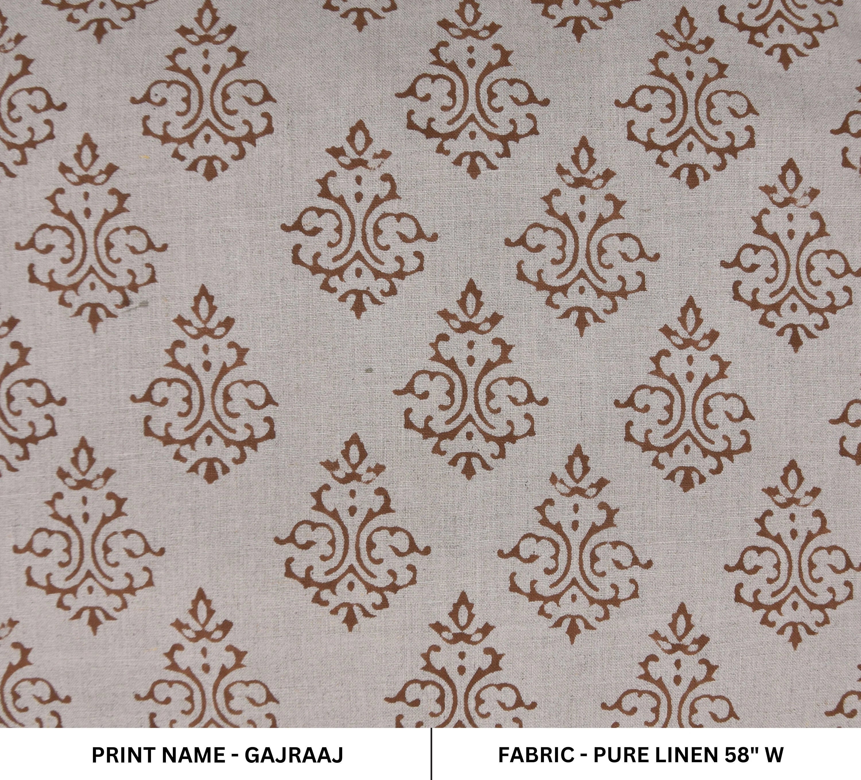 Block print pure linen 58" wide, handmade floral block art, Indian linen fabric, linen cushions and napkins - GAJRAAJ