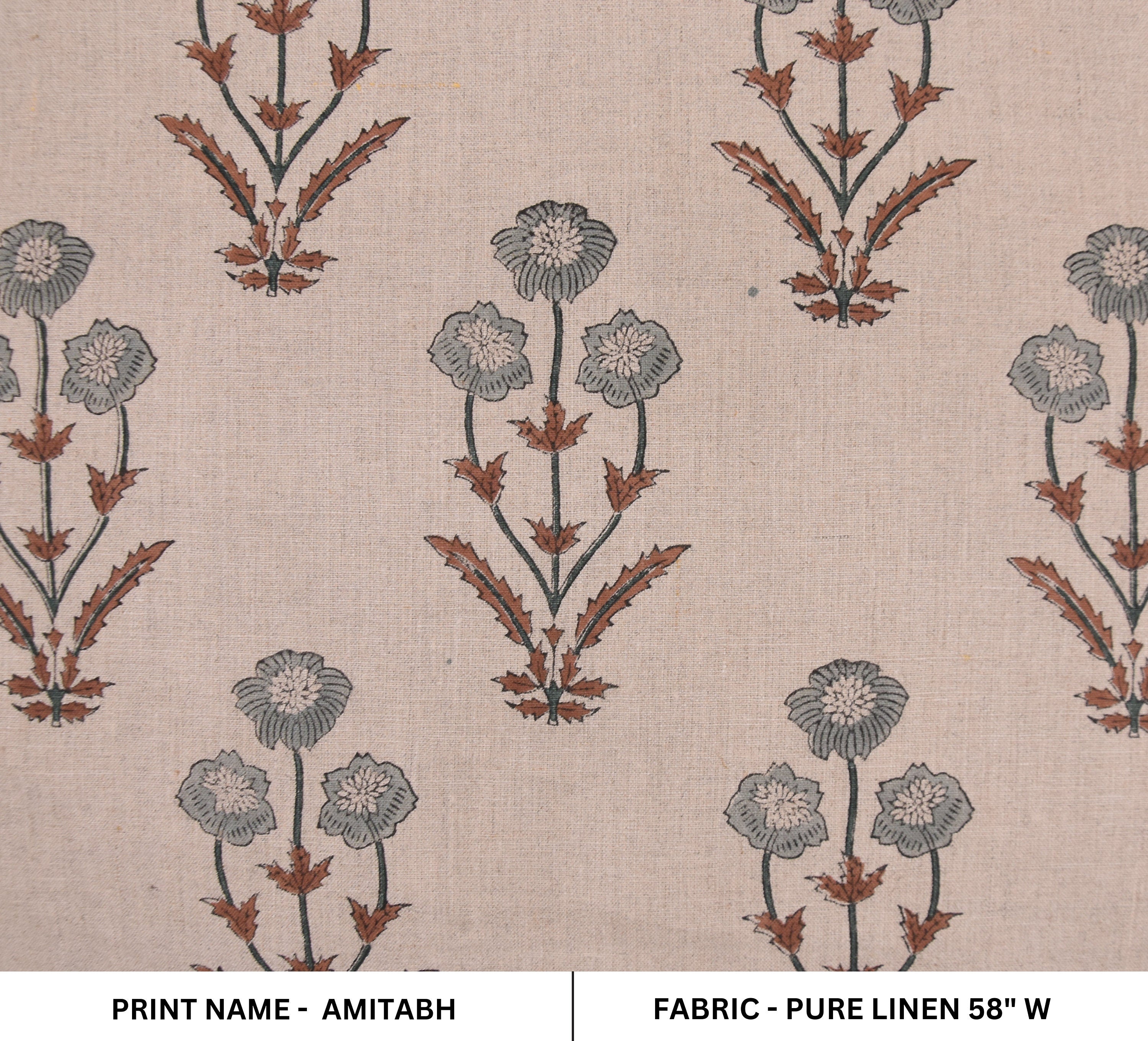 Hand block print, pure linen 58" wide, Indian fabric, sofa cushion fabric, home décor, traditional fabric, linen fabric - AMITABH- GRAY