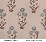 Hand-stamped Sustainable Gray and Brown Floral Block Printed Pure Linen Fabric - AMITABH