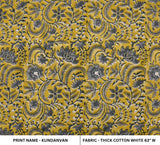 Hand-stamped Designer Block Printed Mustard and Dark Gray Floral Thick Cotton White Fabric - KUNDANVAN
