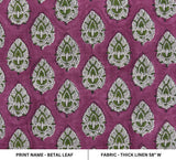 Handmade Block Printed Pink and Green Floral Throw Boho Thick Linen Fabric - BETAL LEAF