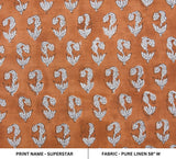 Handcrafted Throw Boho Copper Red and Silver Floral Printed Pure Linen Fabric - SUPER STAR