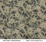 Handmade Floral Block Printed Black and Warm Green Duck Canvas Fabric For Bedroon Decor - RAMESHWARAM