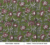 Handcrafted Pink and Dark Green Floral Block Printed Boho Fabric For Sofa Cushion - NAAYAB