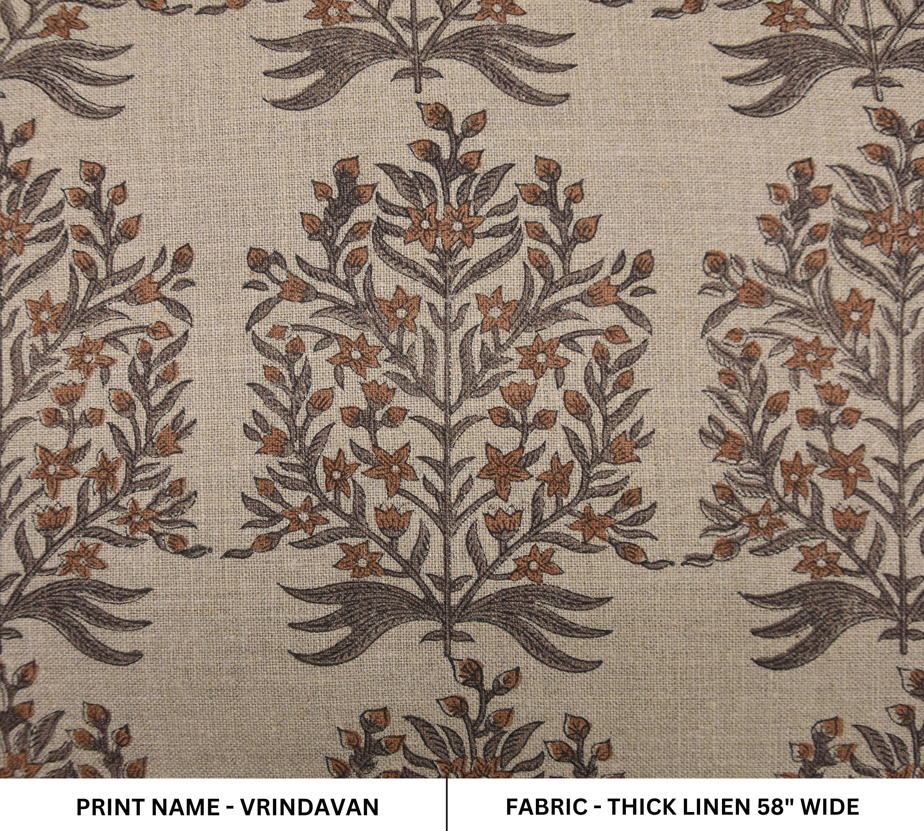 Floral hand block print, upholstery base fabric, thick linen 58" wide, linen fabric for curtains and tablecloth - VRINDAVAN