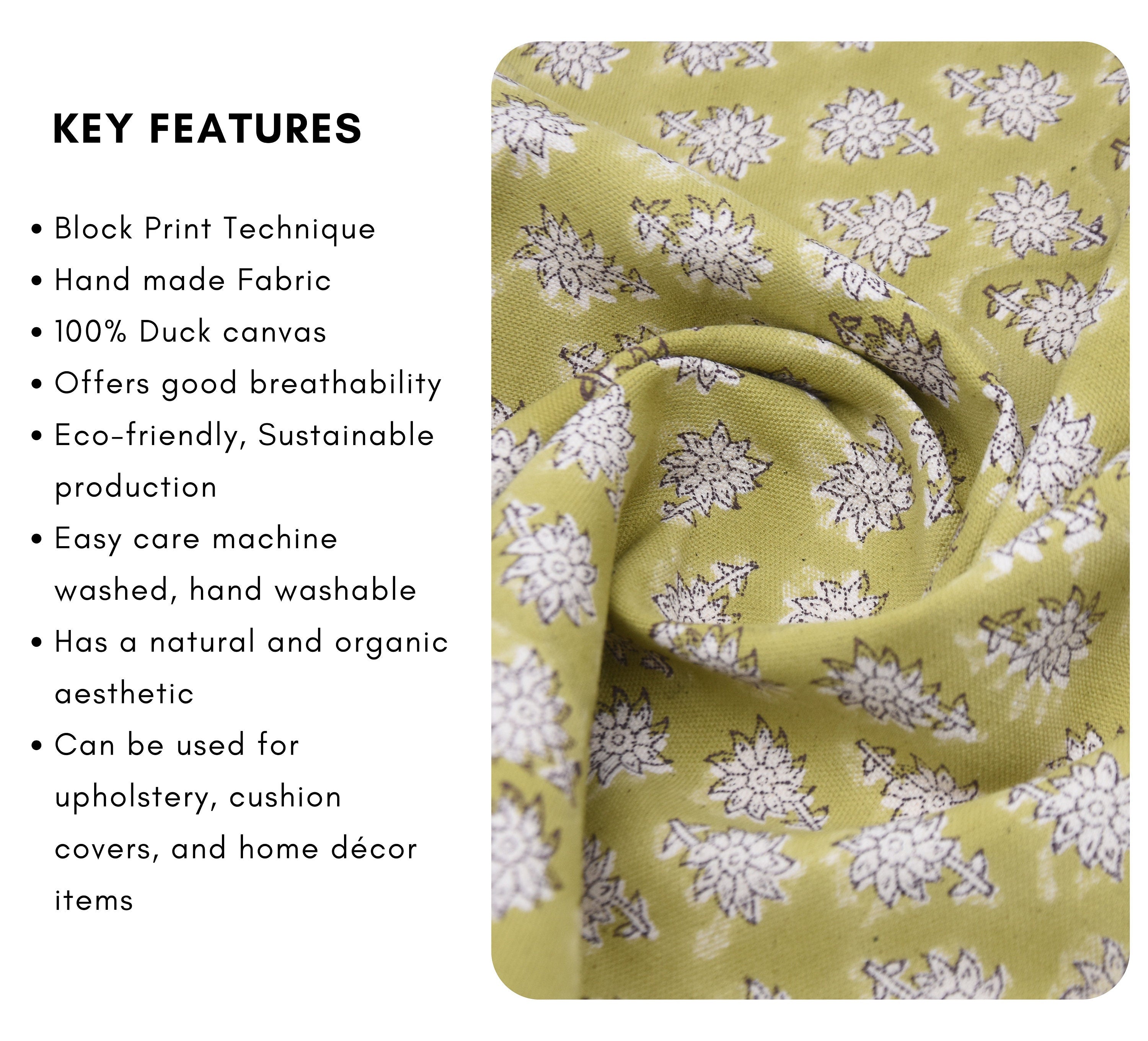 Block print cotton fabric, sofa cover, duck canvas 50" wide, floral hand block art, decorative farmhouse curtains - JASMINE