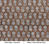 Handblock Printed Tulsi Buti Pure Linen Throw Fabric in Brown & Gray Floral for Sofa Cushions