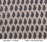 Handcrafted Tradition Blue & Brown Leaf Block Printed Pure Linen Fabric For Farmhouse - LIL PAISLEY