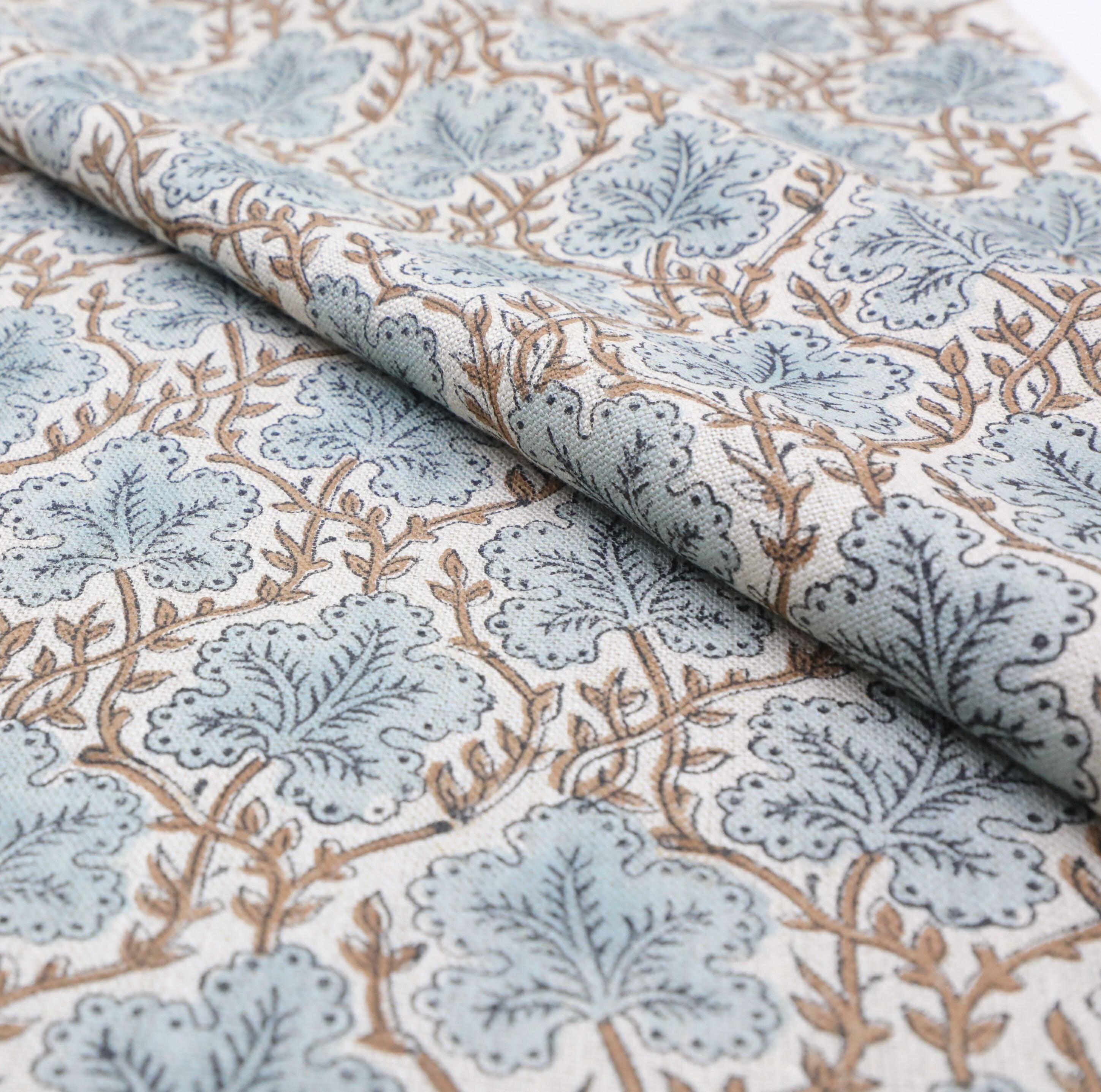 Block print cushion fabric, thick linen 58" wide, floral Indian handmade art, drapery linen fabric - PUSHPSAMHITA
